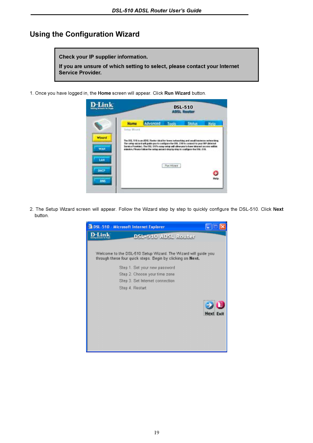 D-Link DSL-510 manual Using the Configuration Wizard 