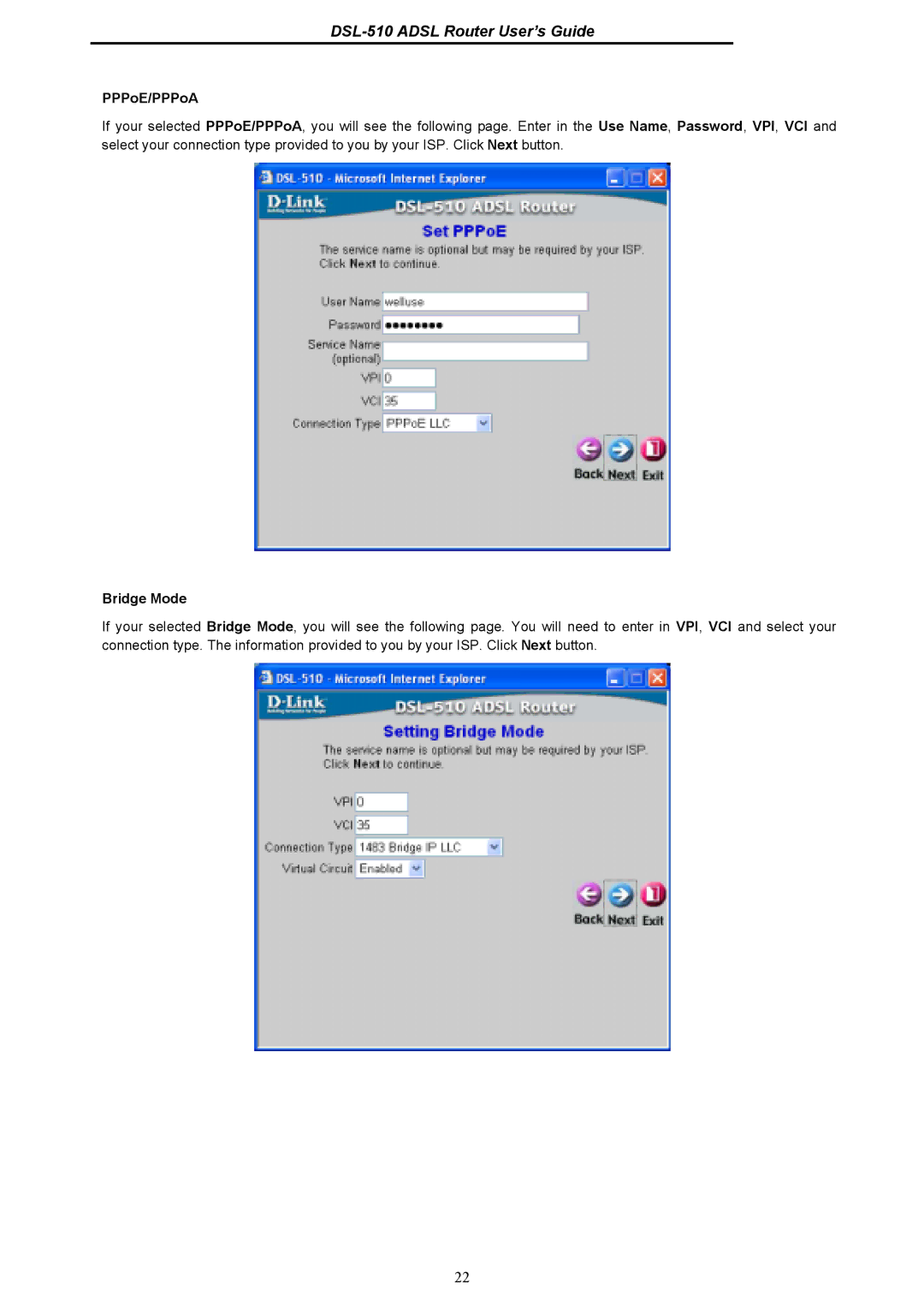 D-Link DSL-510 manual PPPoE/PPPoA, Bridge Mode 