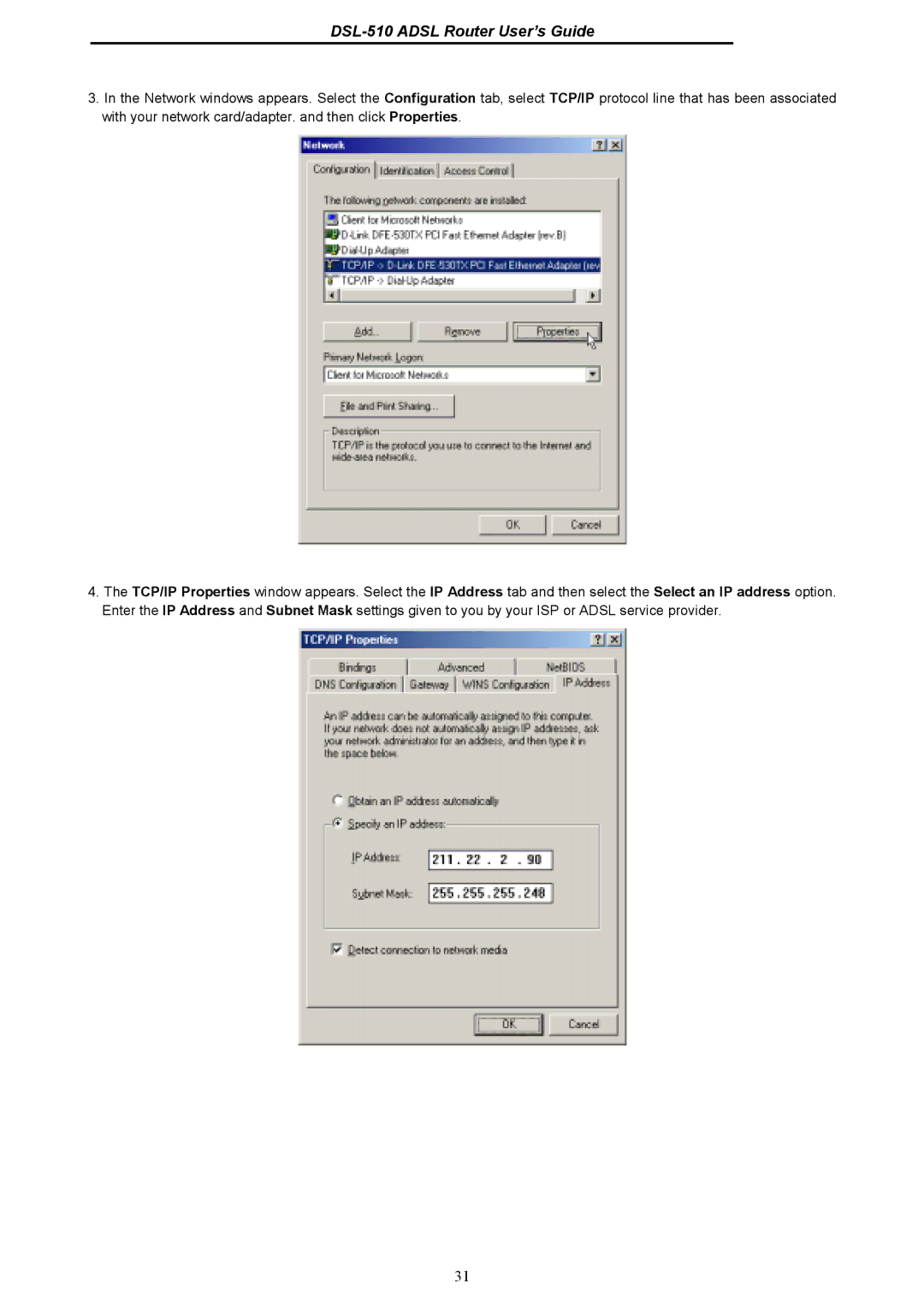 D-Link manual DSL-510 Adsl Router User’s Guide 