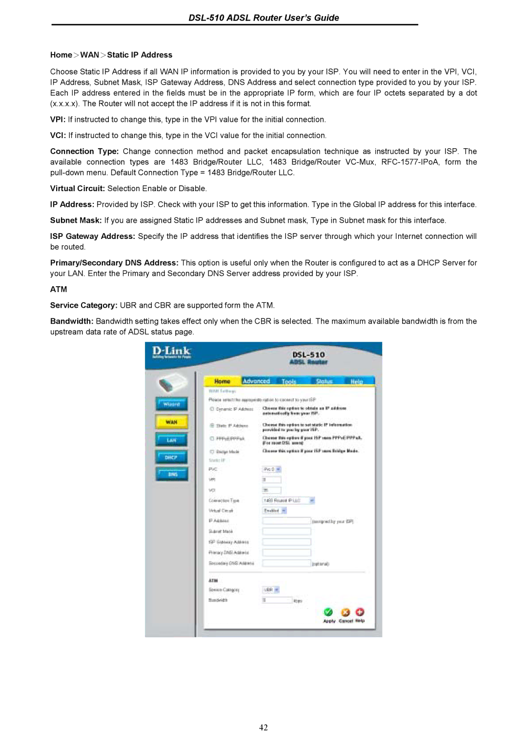 D-Link DSL-510 manual Home＞WAN＞Static IP Address 