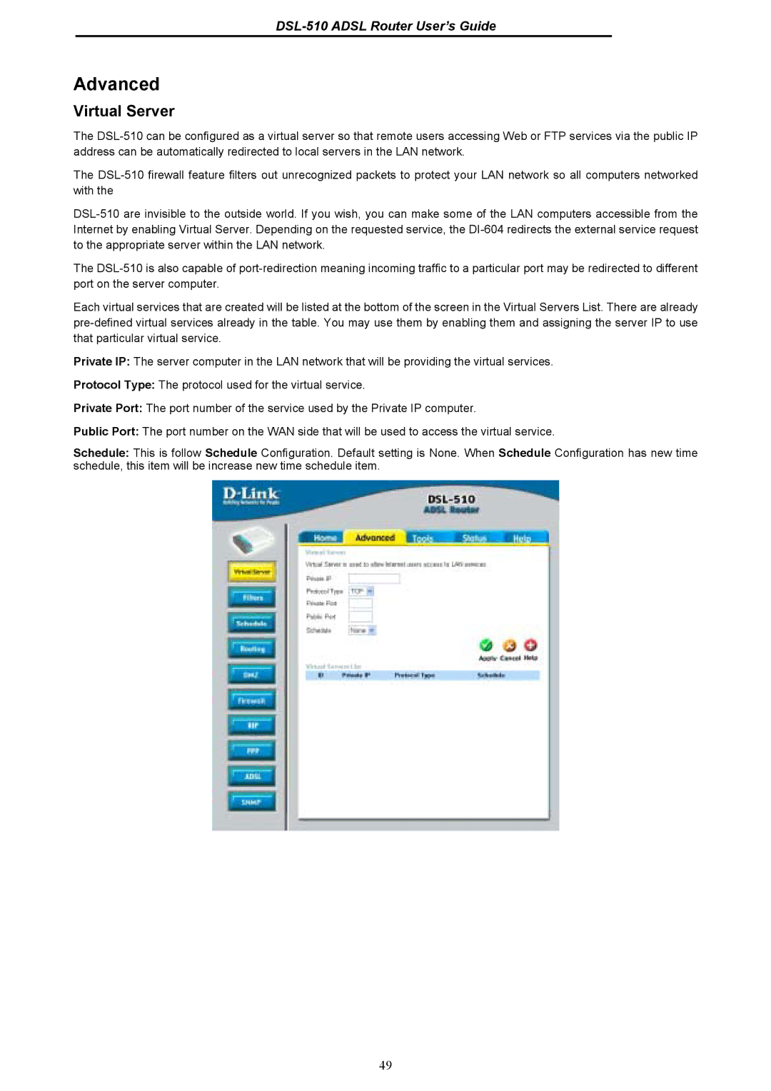 D-Link DSL-510 manual Advanced, Virtual Server 