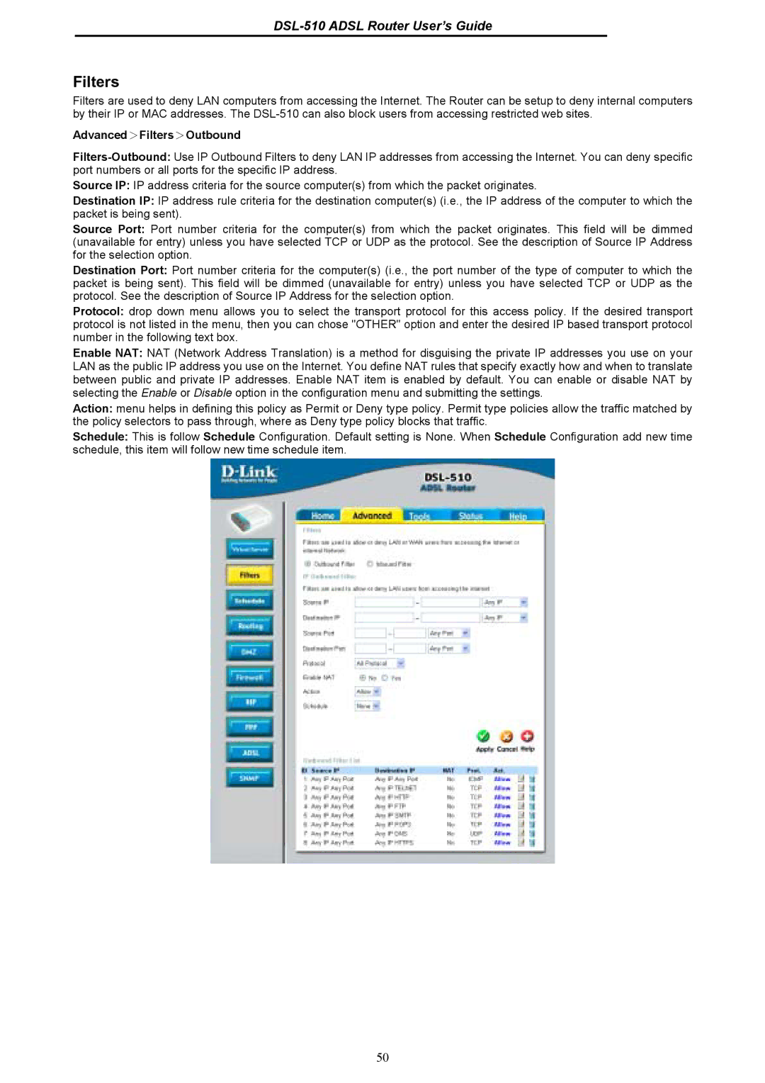 D-Link DSL-510 manual Advanced＞Filters＞Outbound 