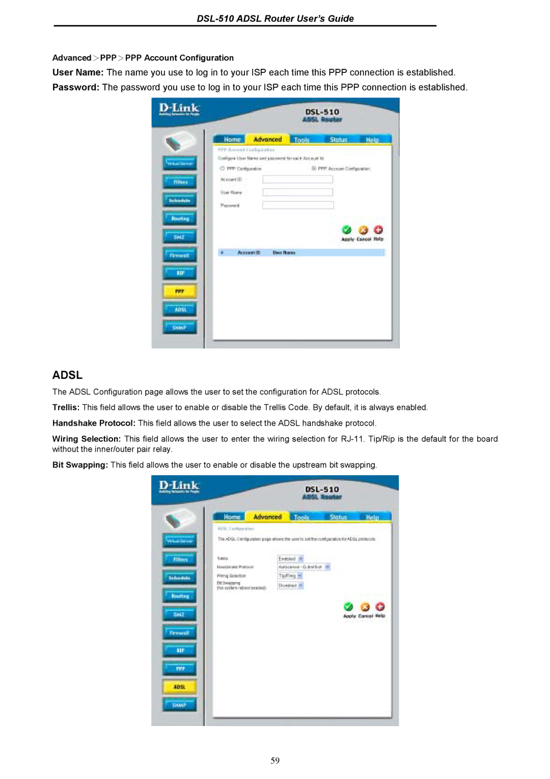 D-Link DSL-510 manual Adsl, Advanced＞PPP＞PPP Account Configuration 