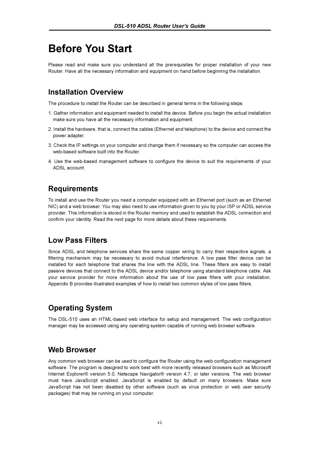 D-Link DSL-510 manual Installation Overview, Requirements, Low Pass Filters, Operating System, Web Browser 