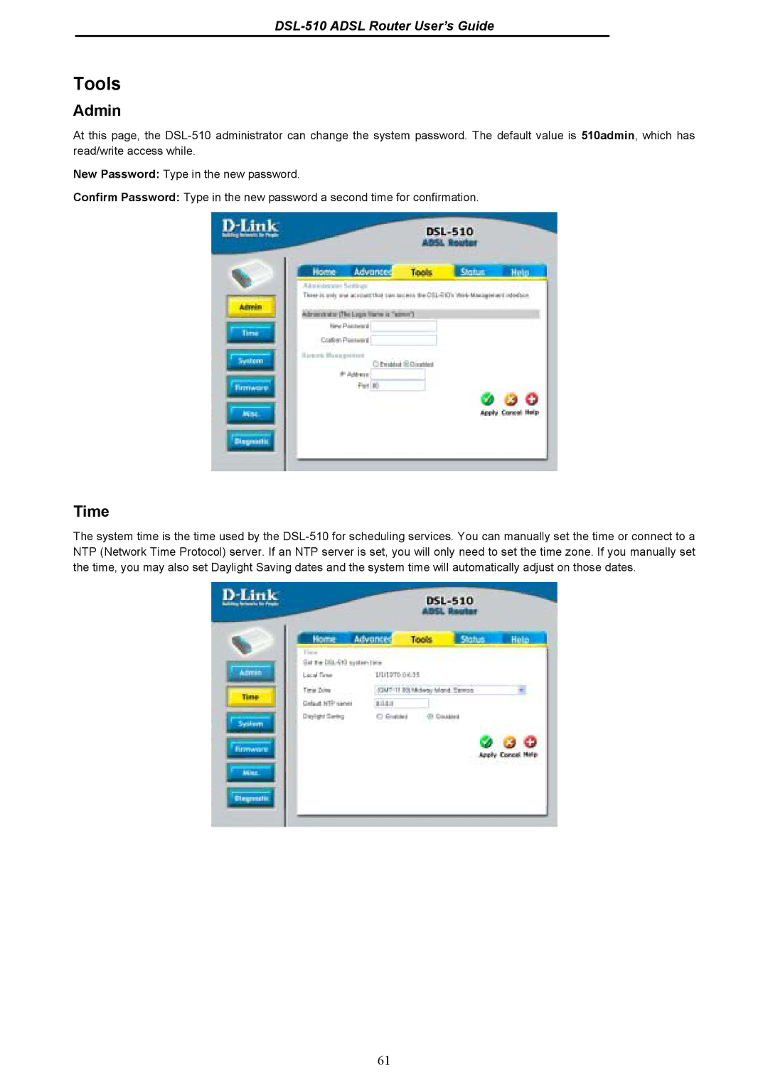 D-Link DSL-510 manual Tools, Admin, Time 