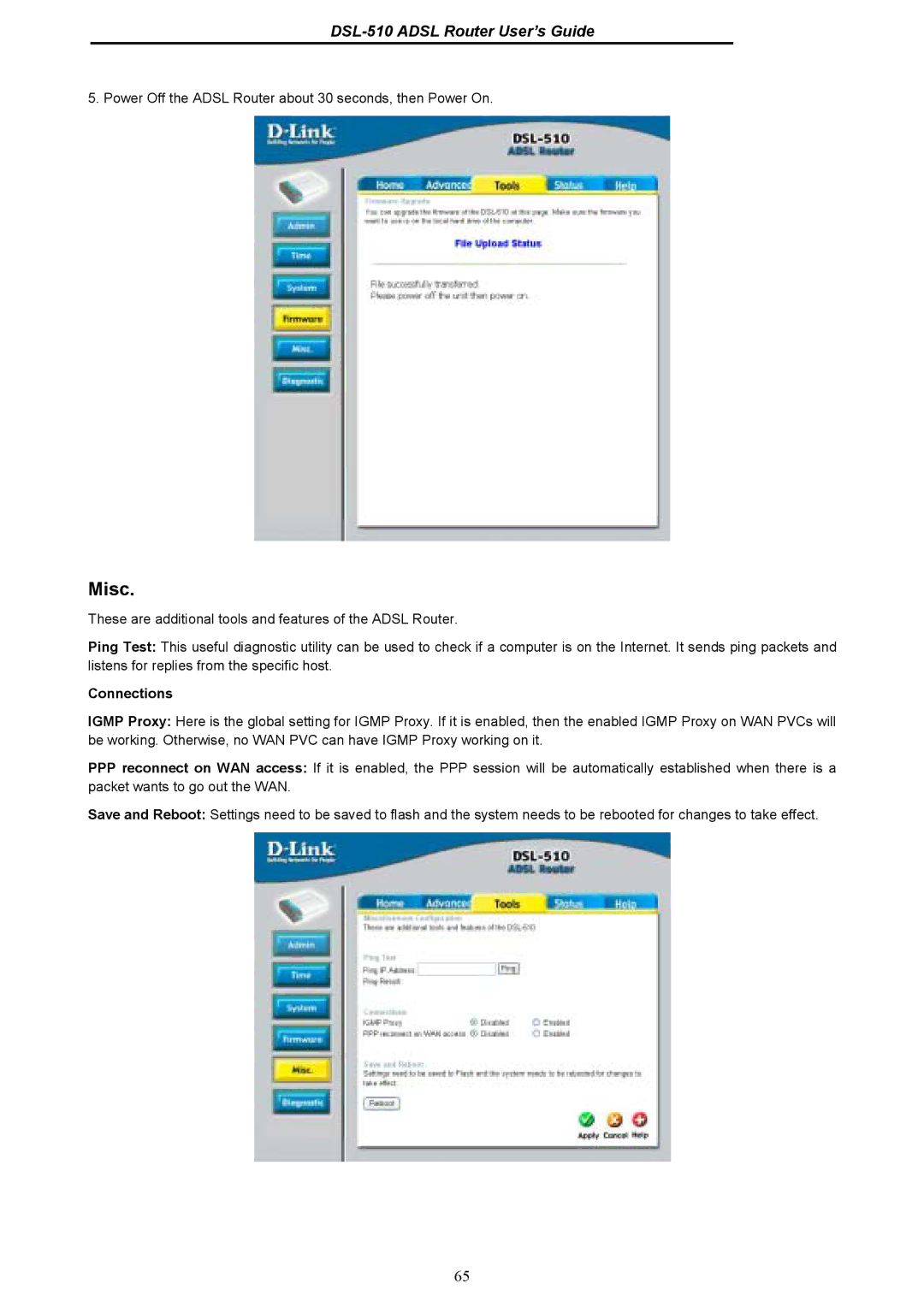 D-Link DSL-510 manual Misc, Connections 