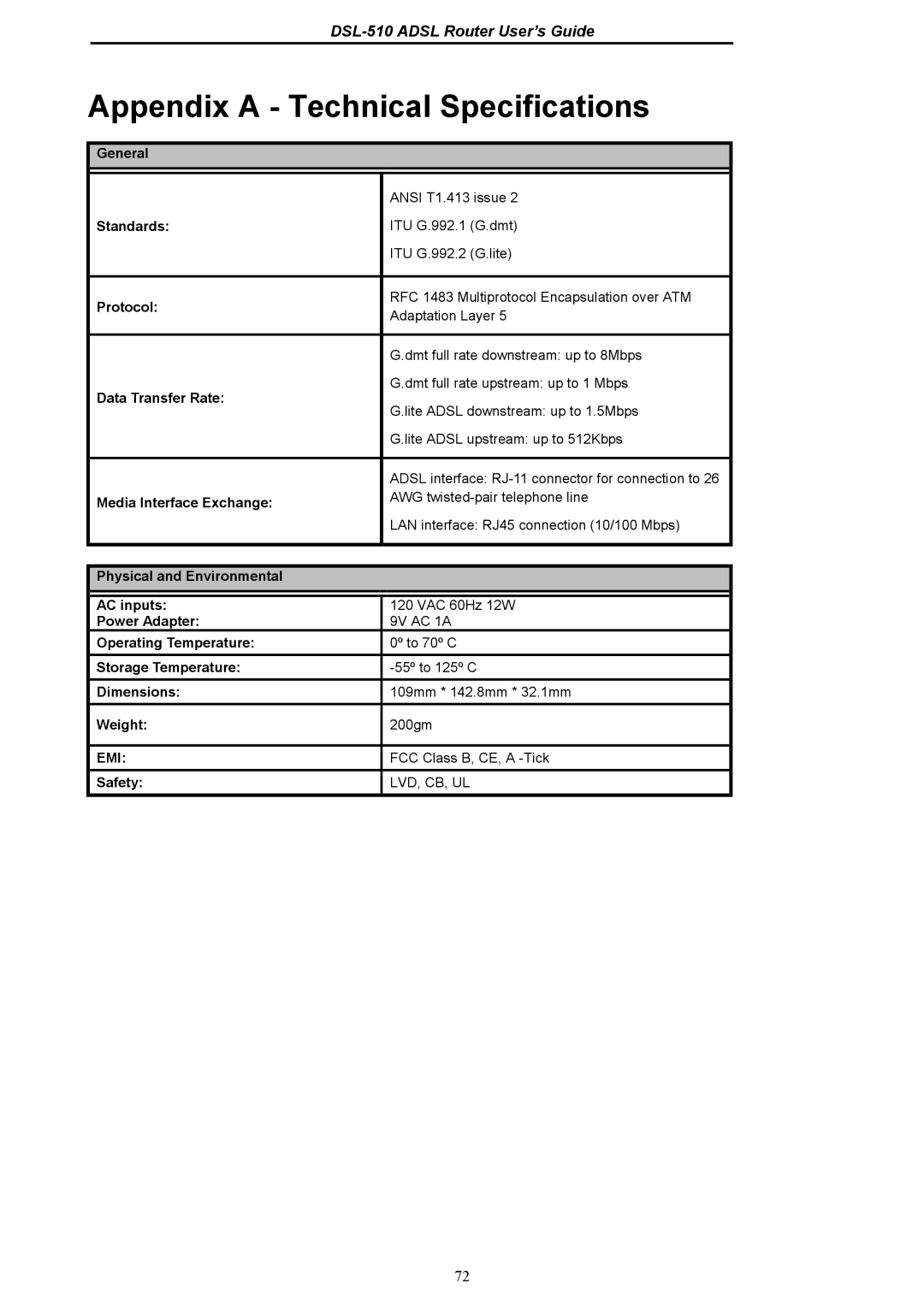 D-Link DSL-510 manual General, Standards, Protocol, Data Transfer Rate, Media Interface Exchange, Power Adapter, Dimensions 