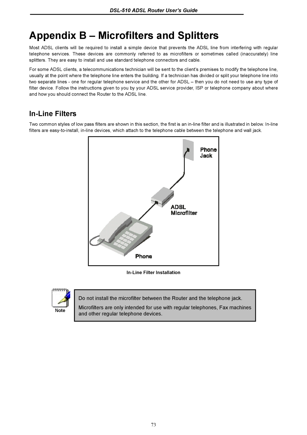 D-Link DSL-510 manual In-Line Filters, In-Line Filter Installation 