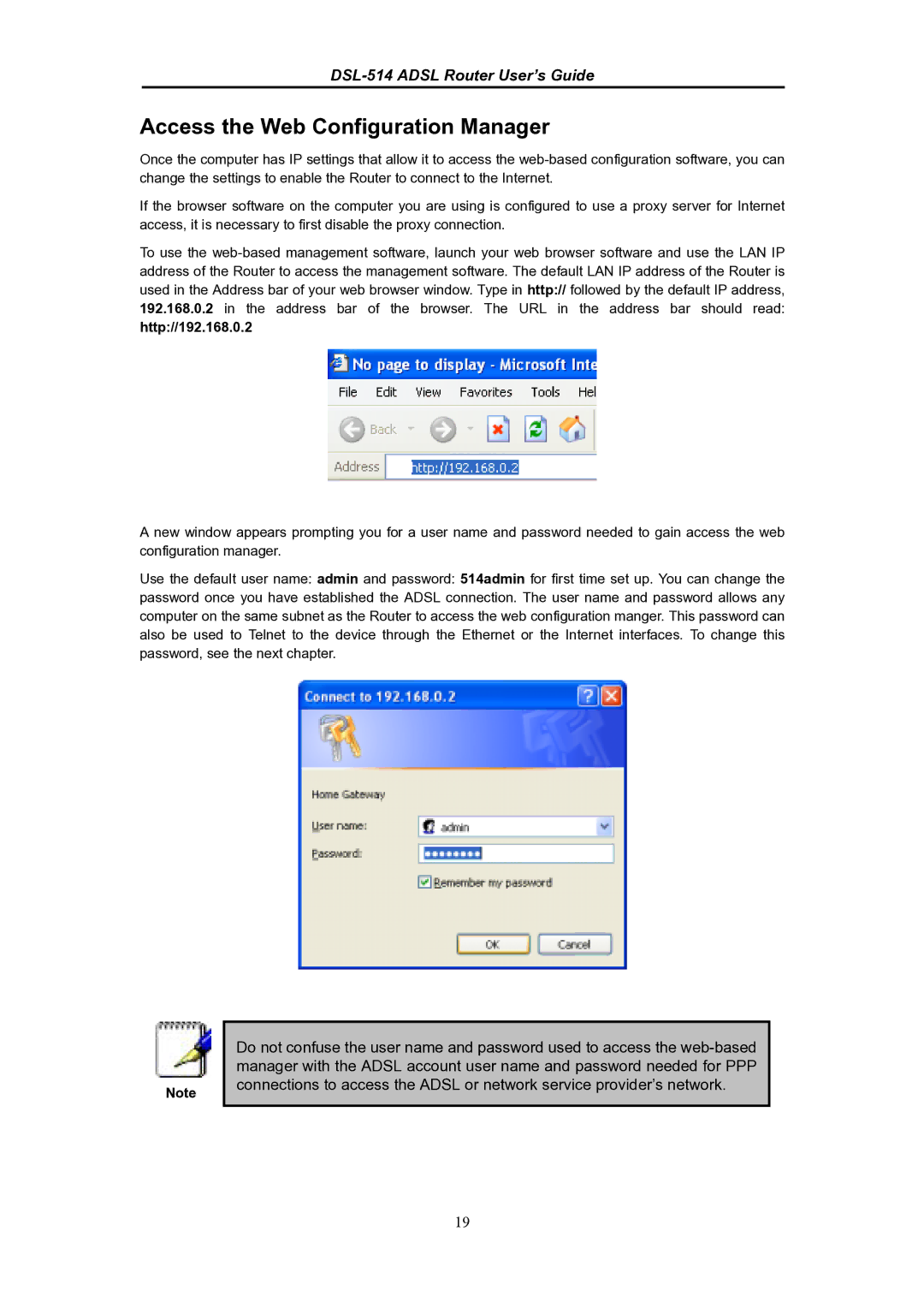 D-Link DSL-514 manual Access the Web Configuration Manager 