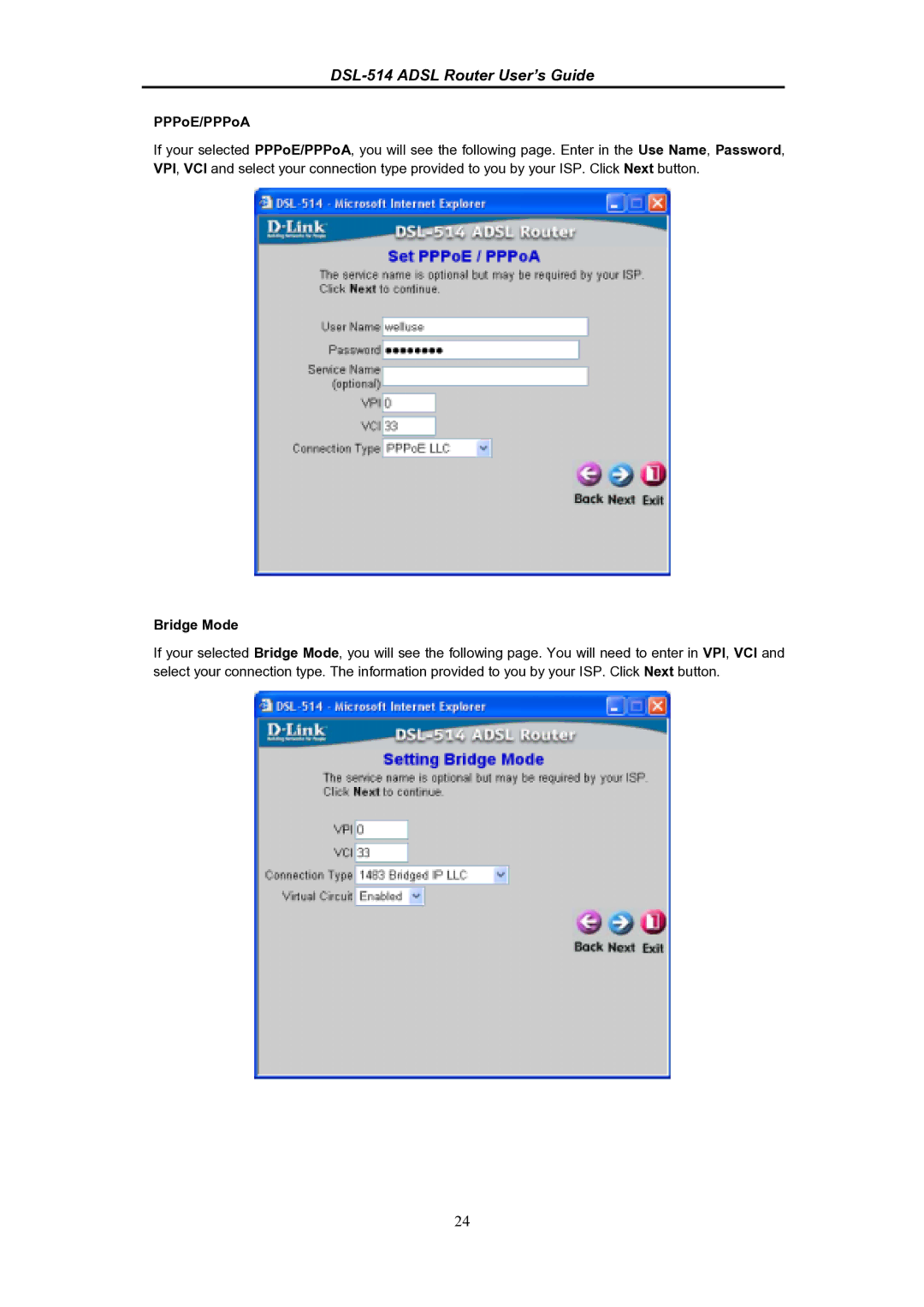 D-Link DSL-514 manual PPPoE/PPPoA, Bridge Mode 