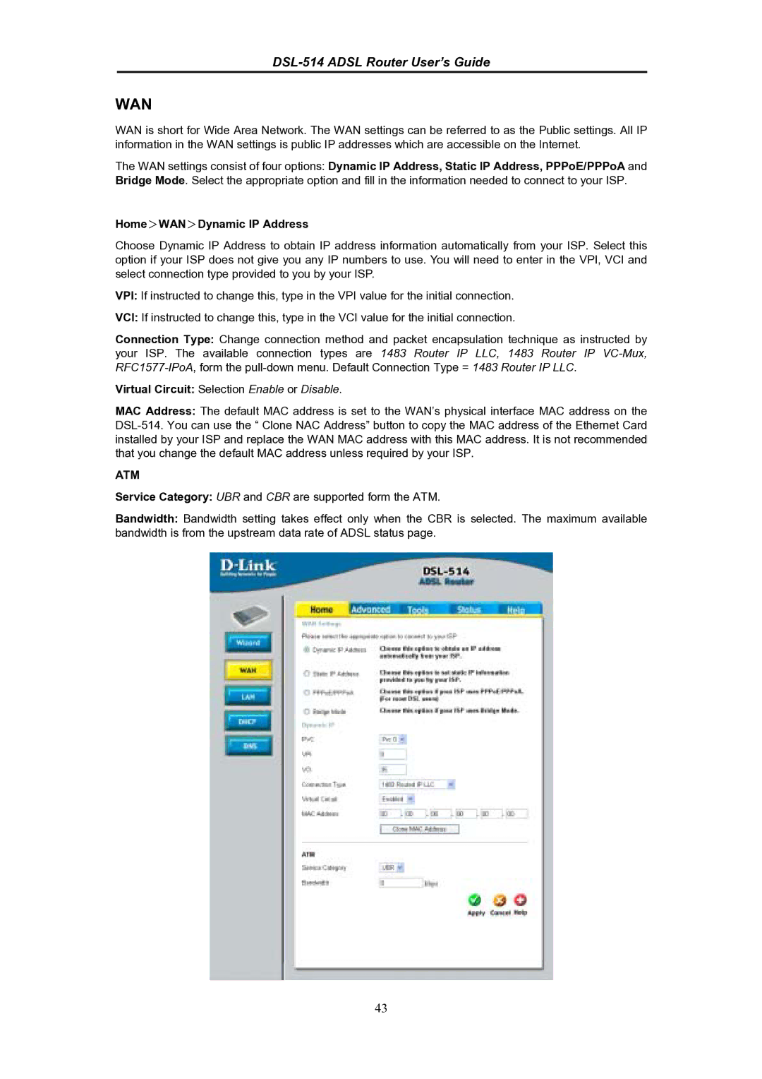 D-Link DSL-514 manual Wan, Virtual Circuit Selection Enable or Disable 