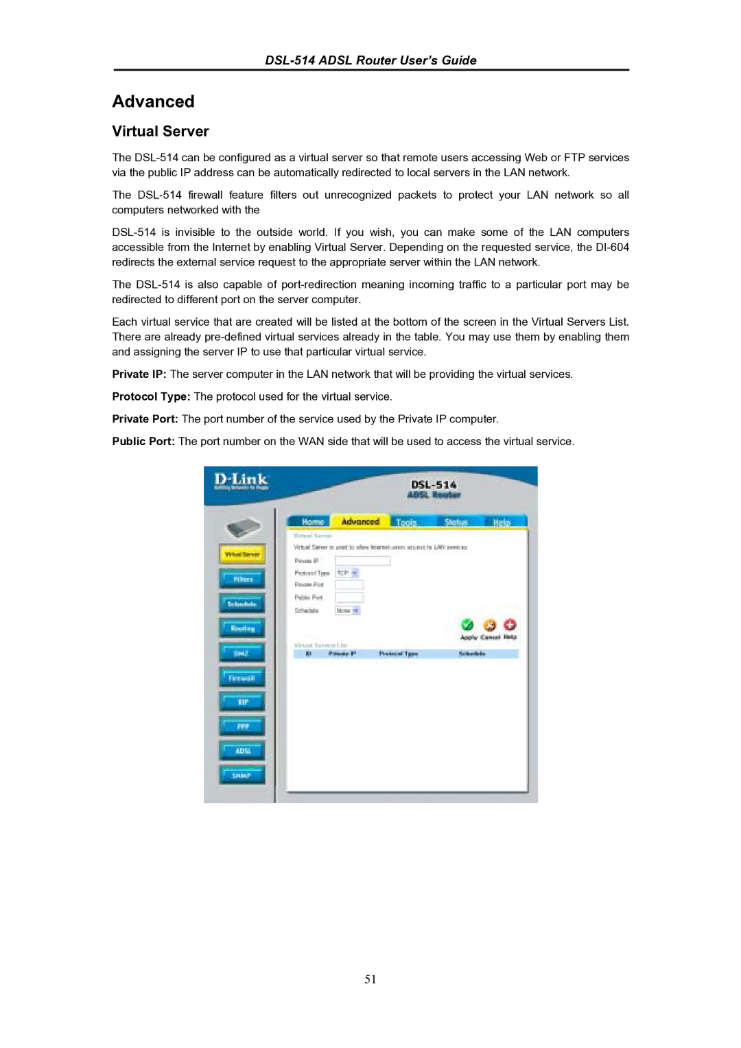 D-Link DSL-514 manual Advanced, Virtual Server 