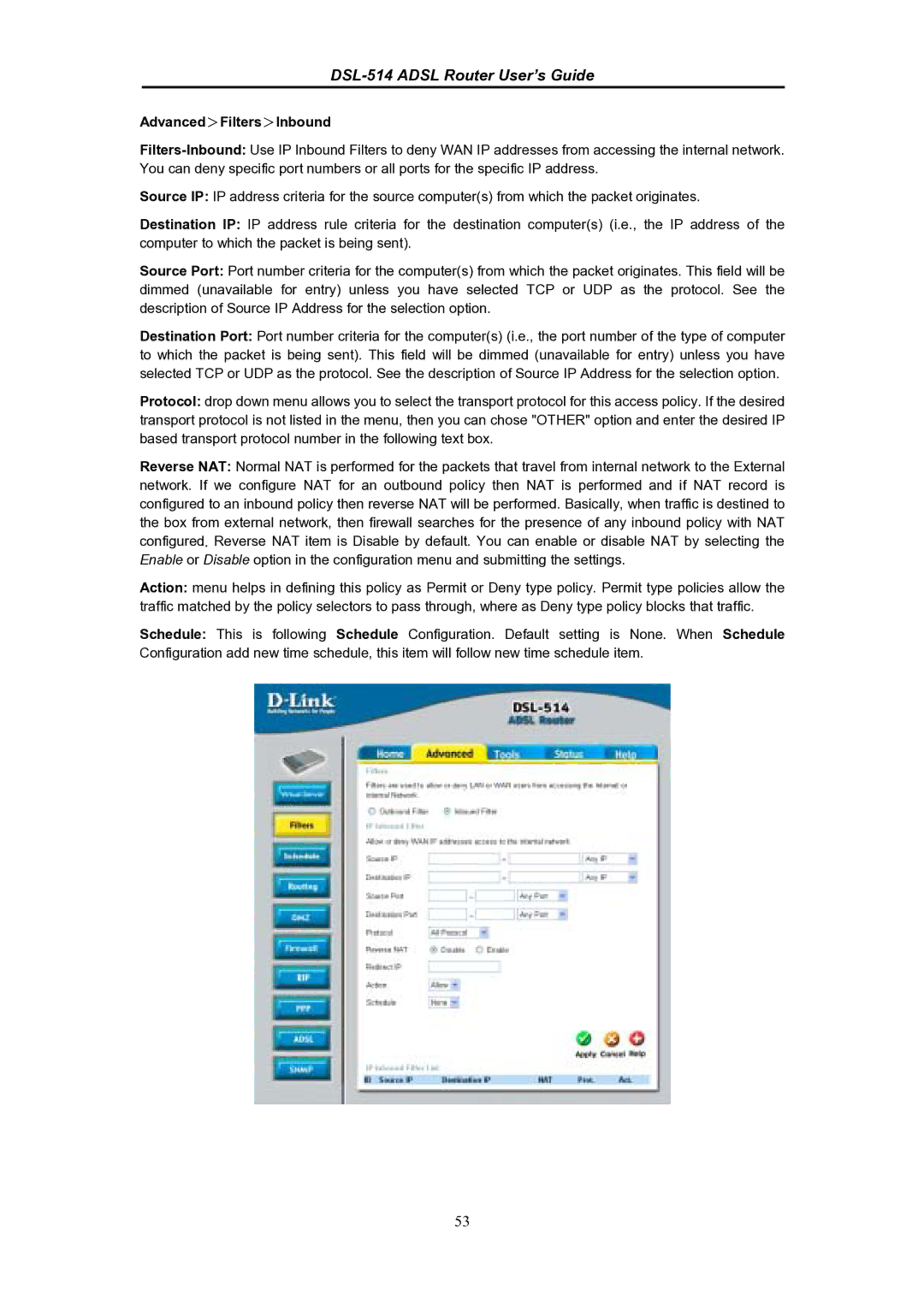 D-Link DSL-514 manual Advanced＞Filters＞Inbound 