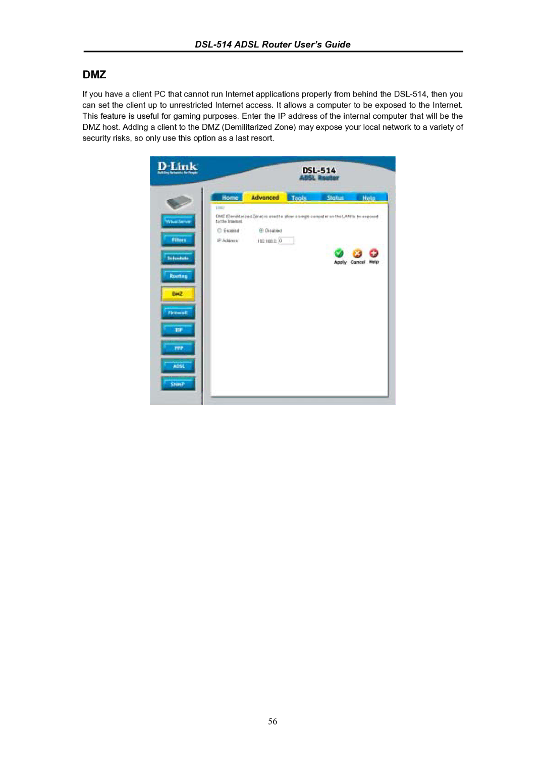 D-Link DSL-514 manual Dmz 