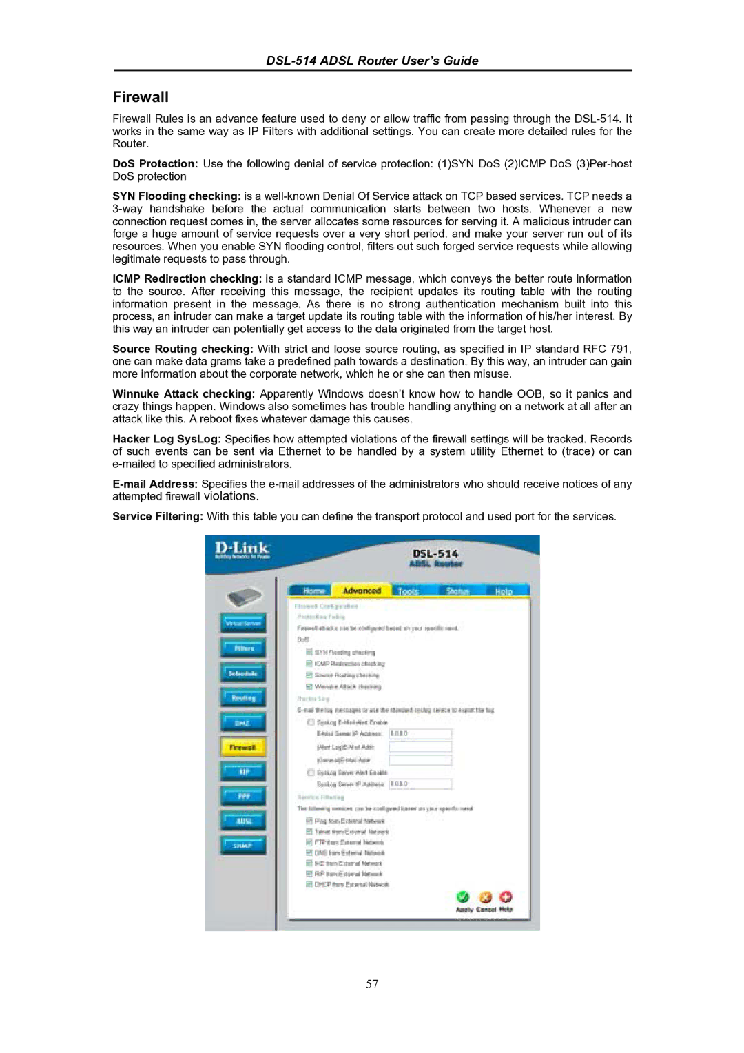 D-Link DSL-514 manual Firewall 