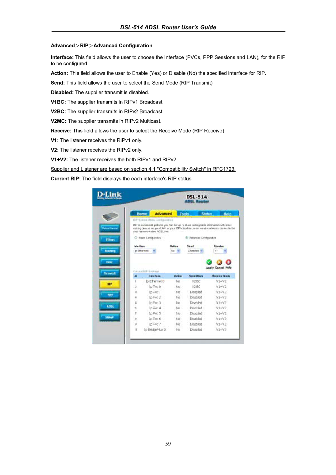 D-Link DSL-514 manual Advanced＞RIP＞Advanced Configuration 