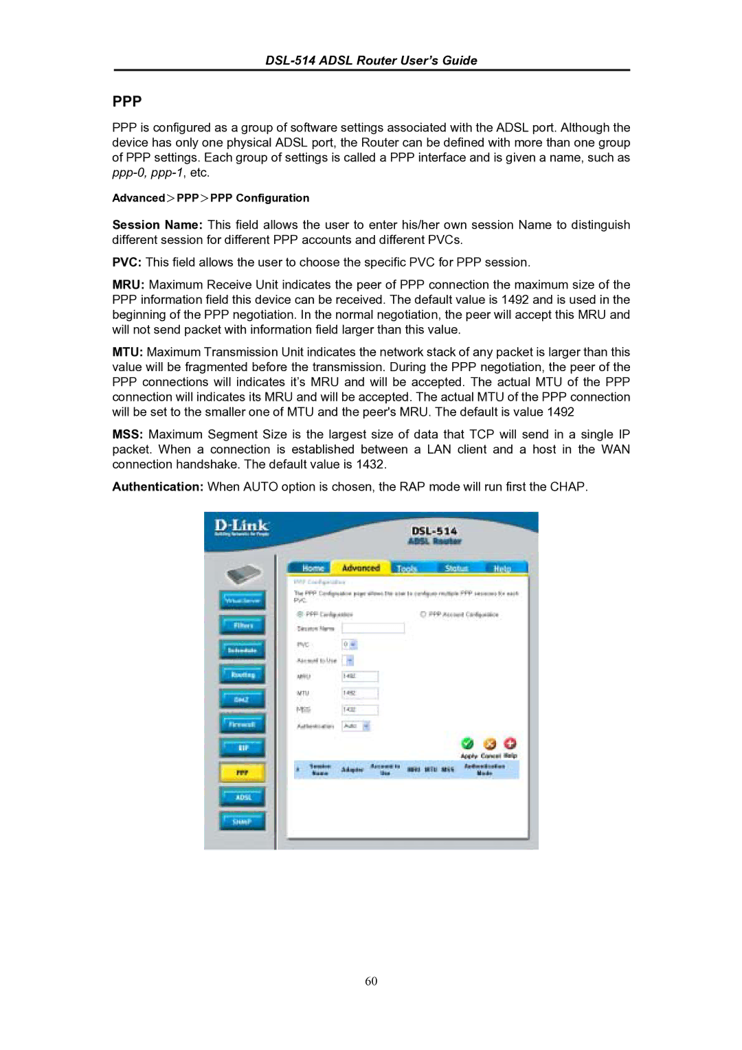 D-Link DSL-514 manual Ppp, Advanced＞PPP＞PPP Configuration 