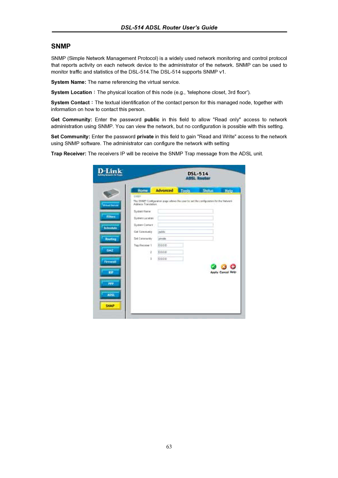 D-Link DSL-514 manual Snmp 