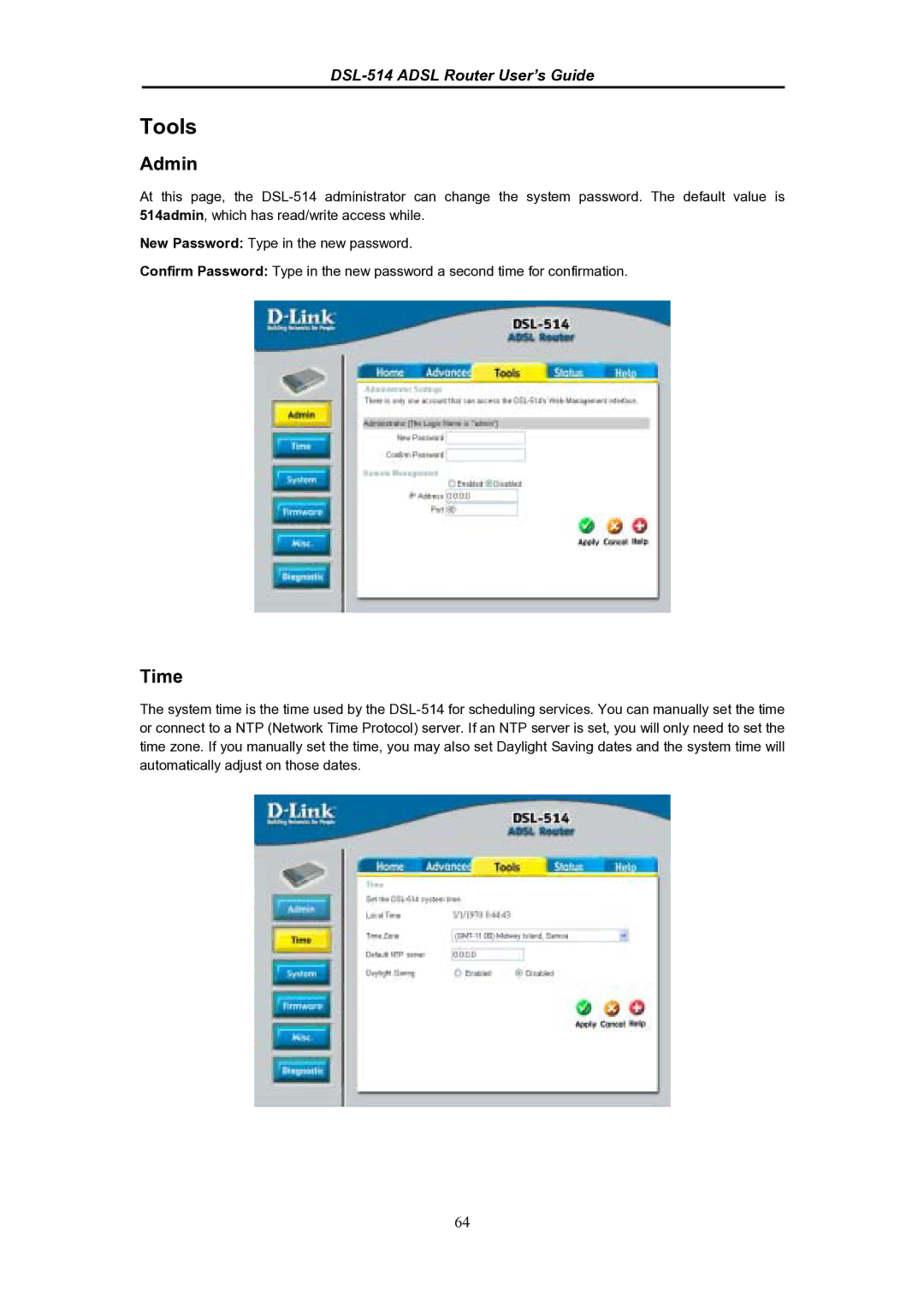 D-Link DSL-514 manual Tools, Admin, Time 