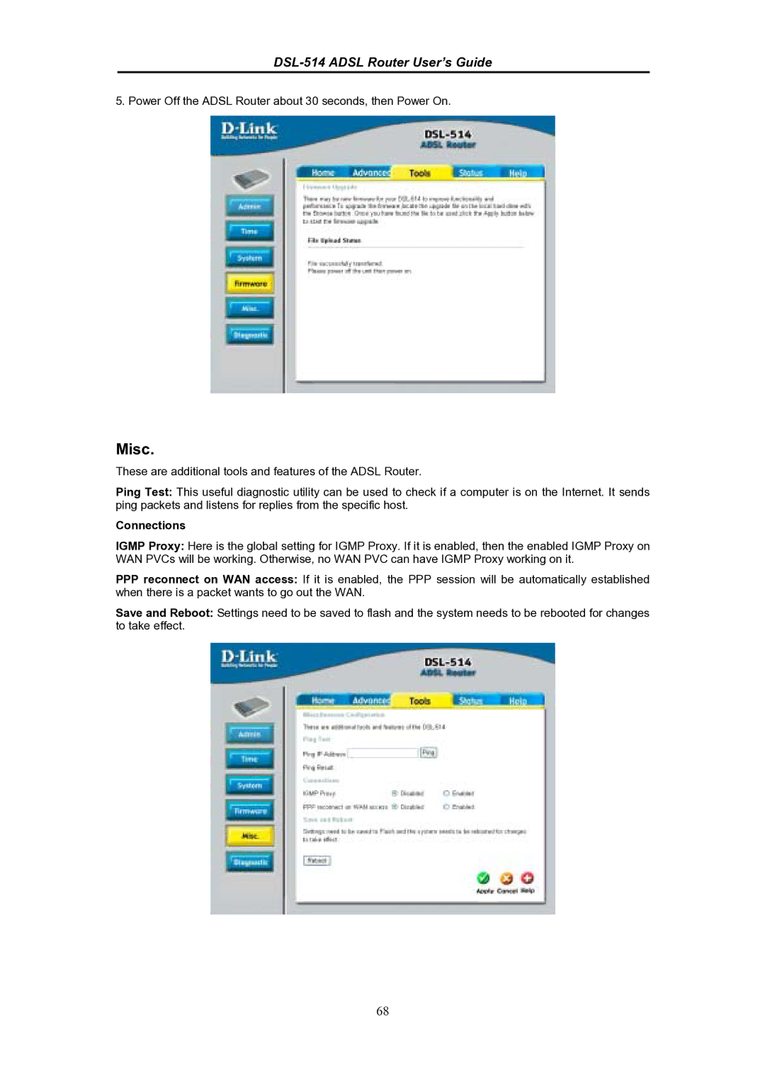 D-Link DSL-514 manual Misc, Connections 