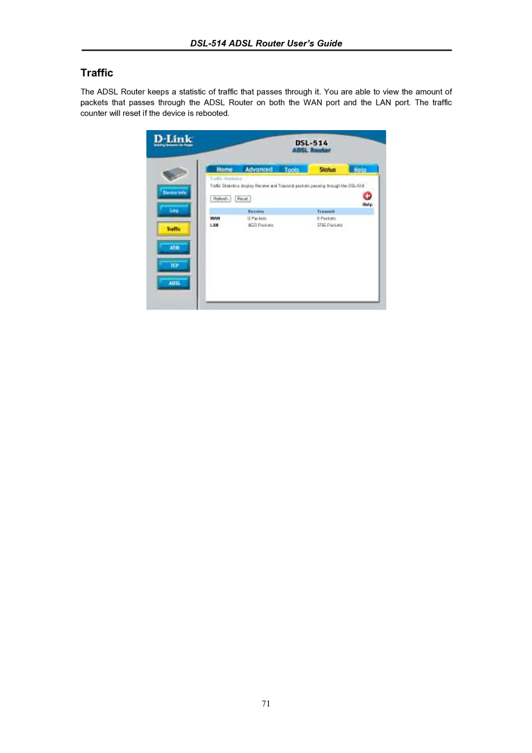 D-Link DSL-514 manual Traffic 