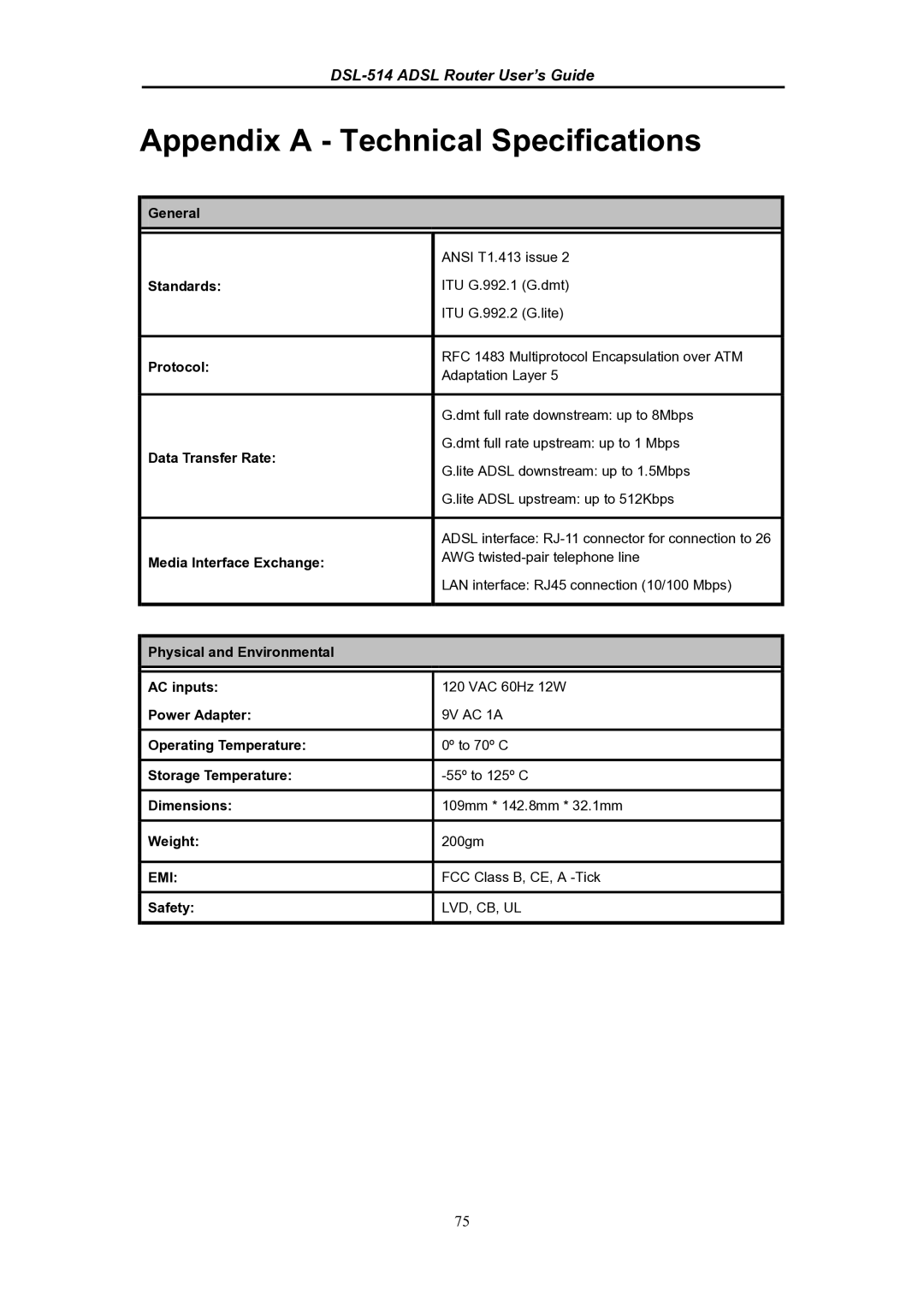 D-Link DSL-514 manual General, Standards, Protocol, Data Transfer Rate, Media Interface Exchange, Power Adapter, Dimensions 