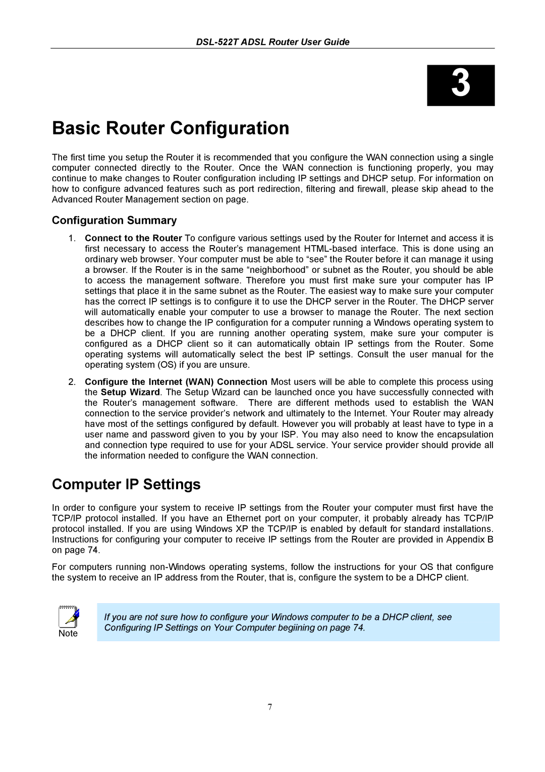 D-Link DSL-522T manual Basic Router Configuration, Computer IP Settings, Configuration Summary 