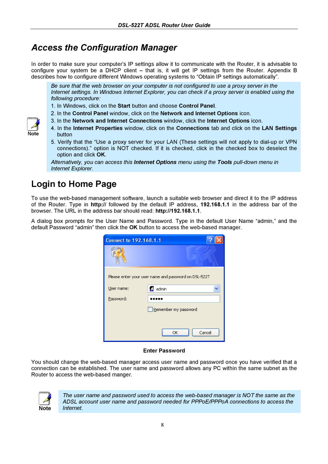 D-Link DSL-522T manual Access the Configuration Manager, Login to Home, Enter Password 