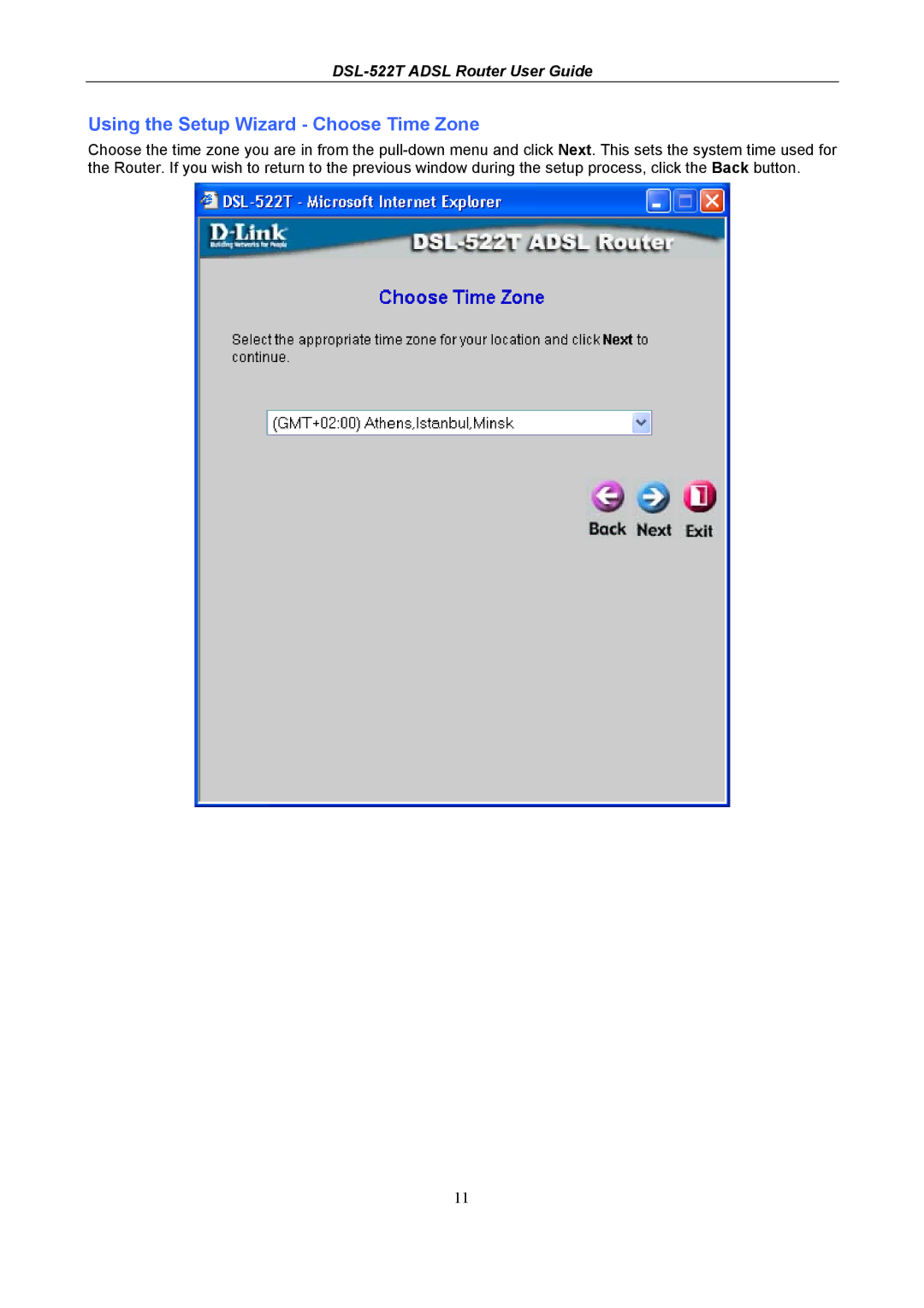 D-Link DSL-522T manual Using the Setup Wizard Choose Time Zone 