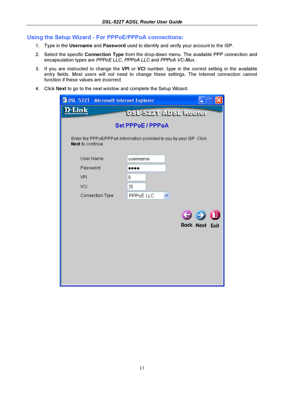 D-Link DSL-522T manual Using the Setup Wizard For PPPoE/PPPoA connections 