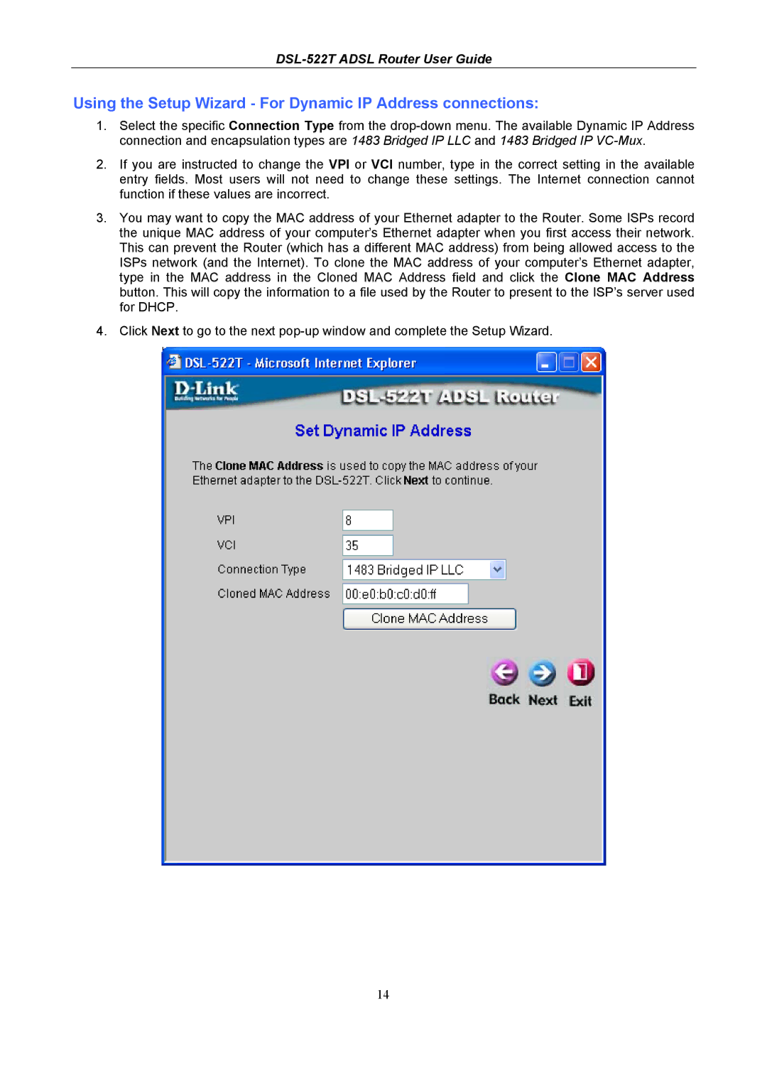 D-Link DSL-522T manual Using the Setup Wizard For Dynamic IP Address connections 