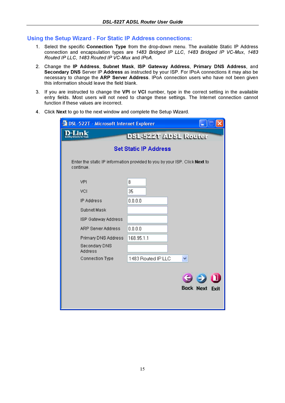 D-Link DSL-522T manual Using the Setup Wizard For Static IP Address connections 