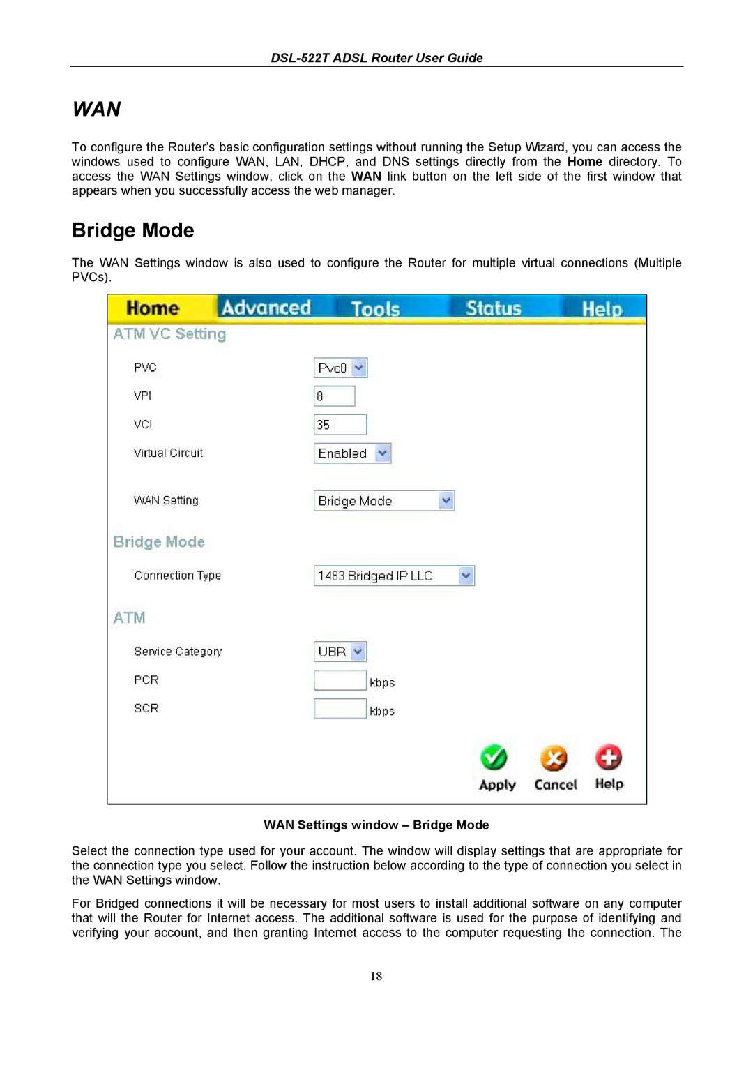 D-Link DSL-522T manual WAN Settings window Bridge Mode 