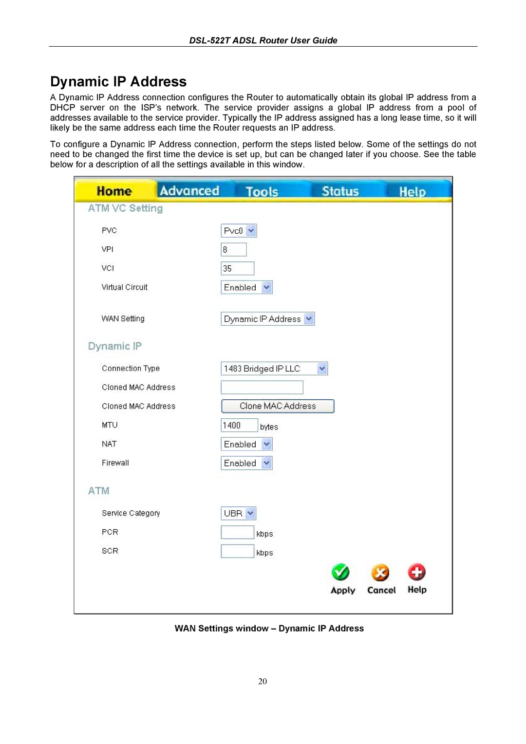 D-Link DSL-522T manual WAN Settings window Dynamic IP Address 