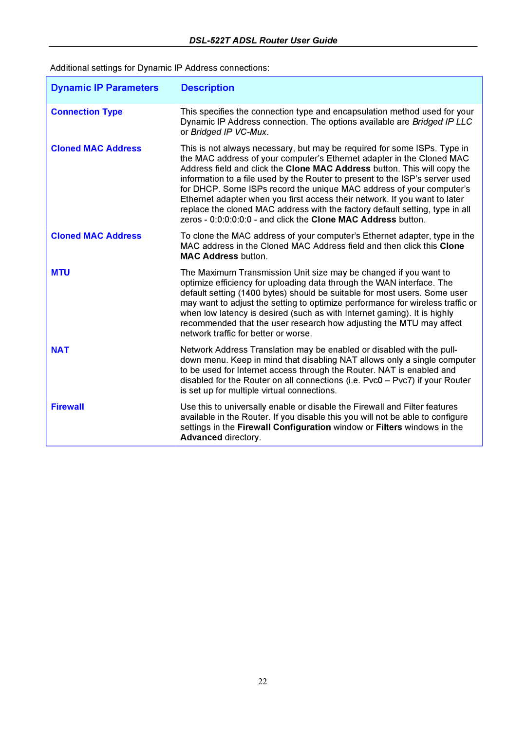 D-Link DSL-522T manual Dynamic IP Parameters Description, Cloned MAC Address, MAC Address button, Firewall 