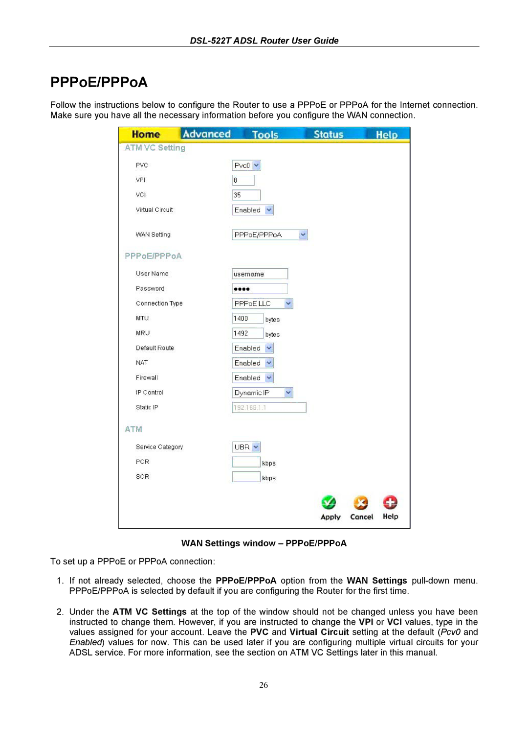 D-Link DSL-522T manual WAN Settings window PPPoE/PPPoA 