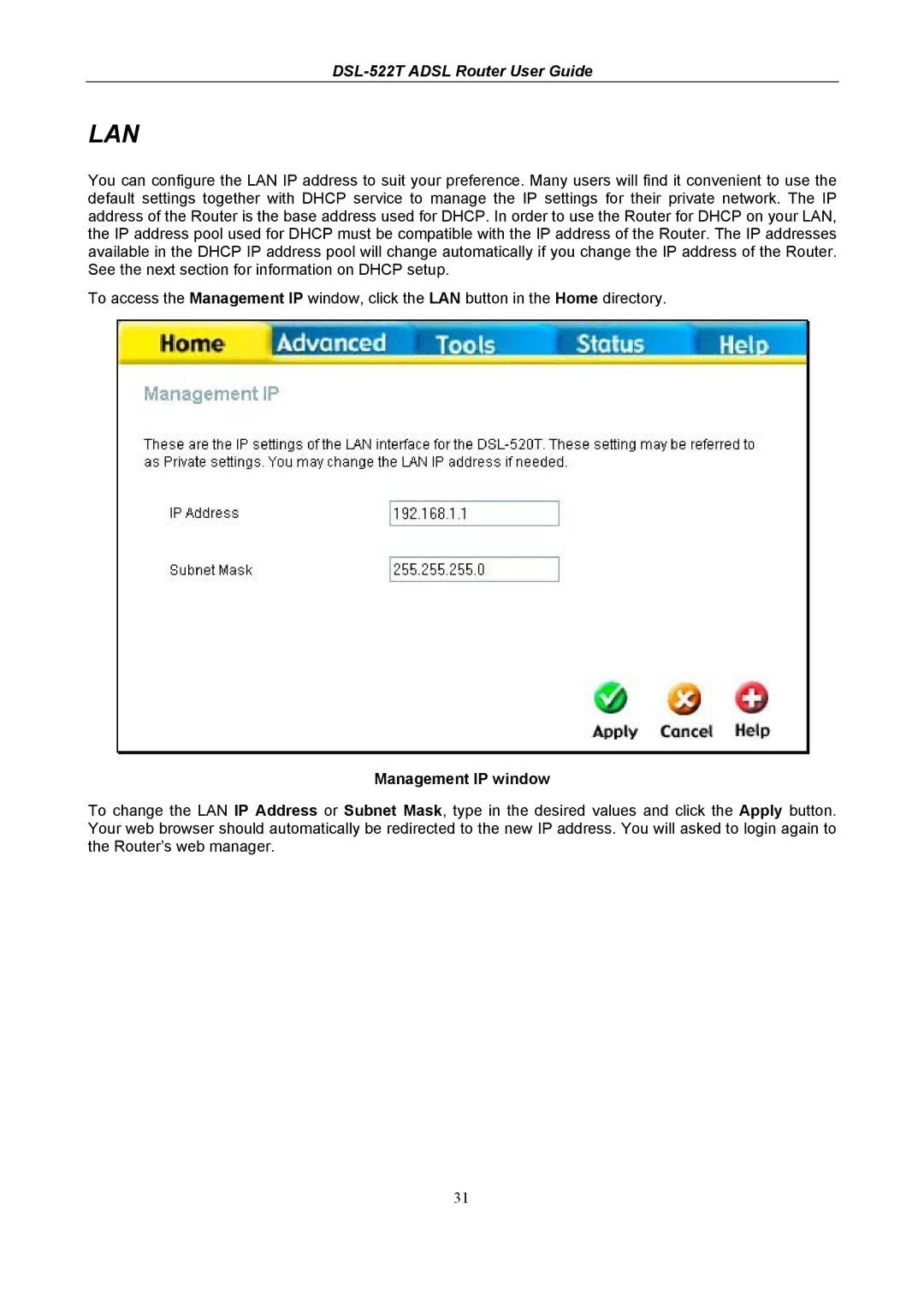 D-Link DSL-522T manual Lan, Management IP window 