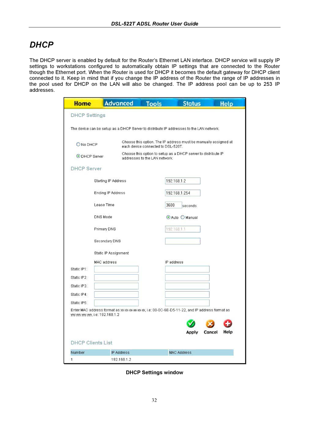 D-Link DSL-522T manual Dhcp Settings window 