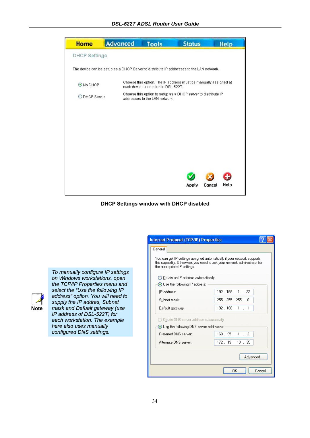 D-Link DSL-522T manual Dhcp Settings window with Dhcp disabled 