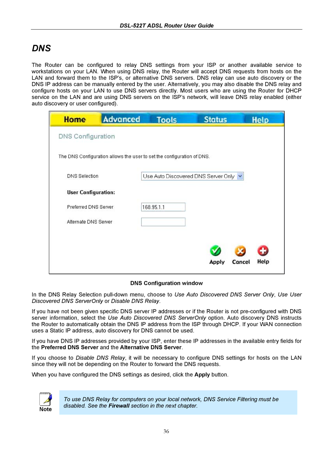 D-Link DSL-522T manual Dns, DNS Configuration window 