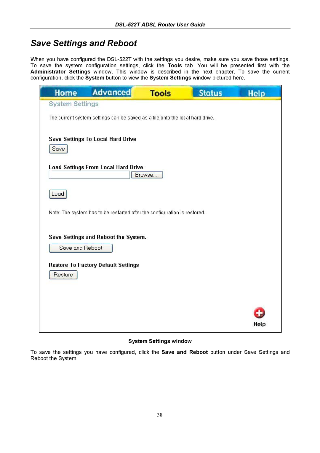 D-Link DSL-522T manual Save Settings and Reboot, System Settings window 