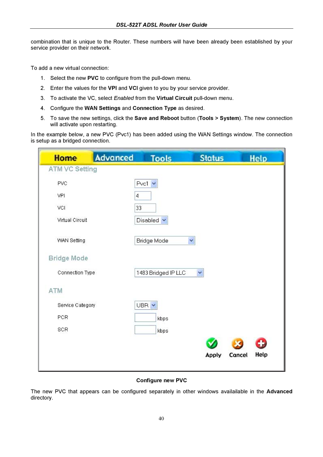 D-Link DSL-522T manual Configure new PVC 