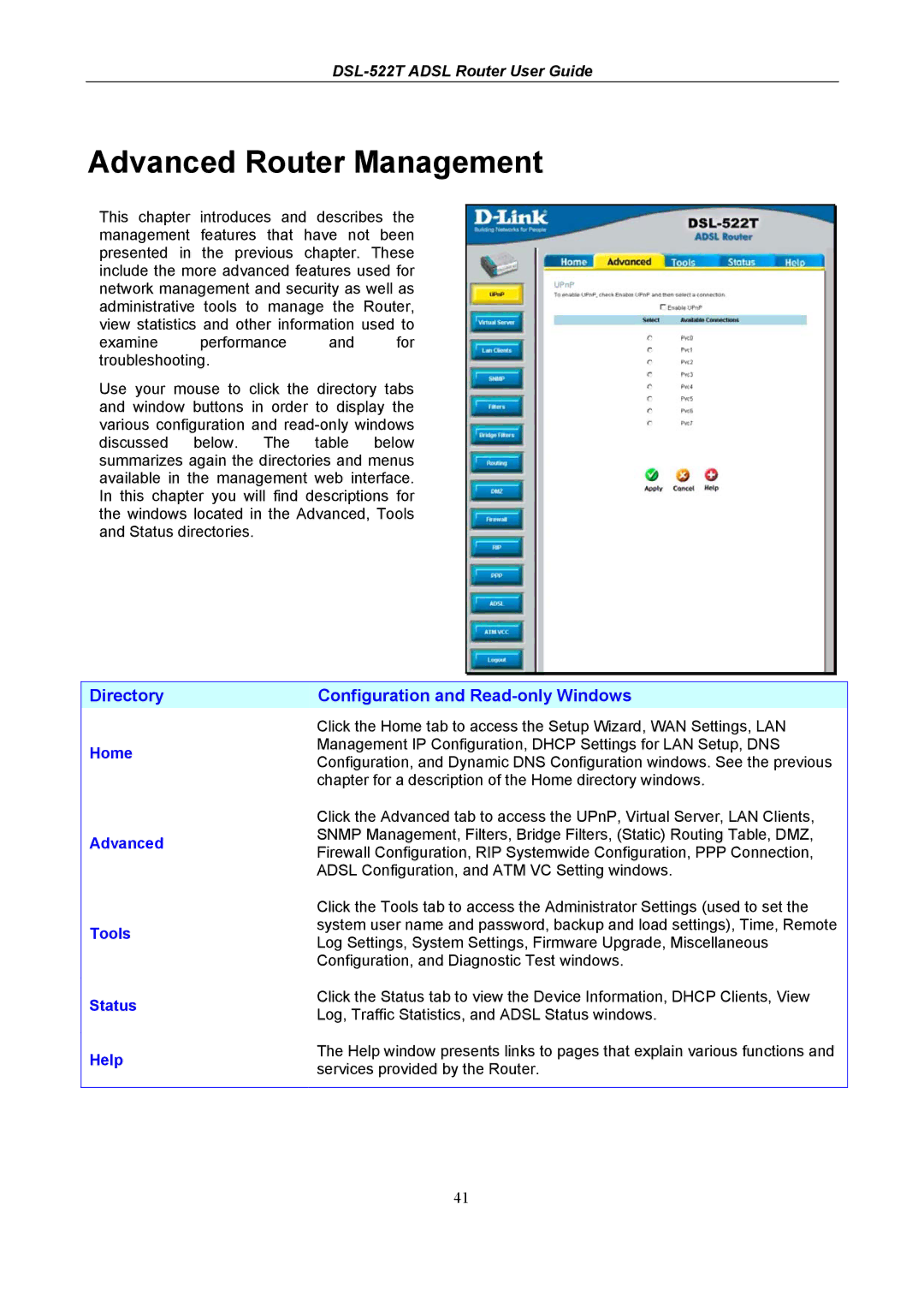 D-Link DSL-522T manual Advanced Router Management, Directory, Configuration and Read-only Windows 