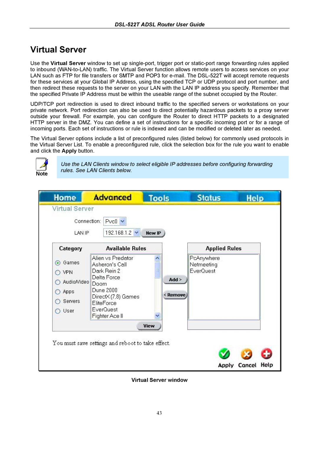 D-Link DSL-522T manual Virtual Server window 