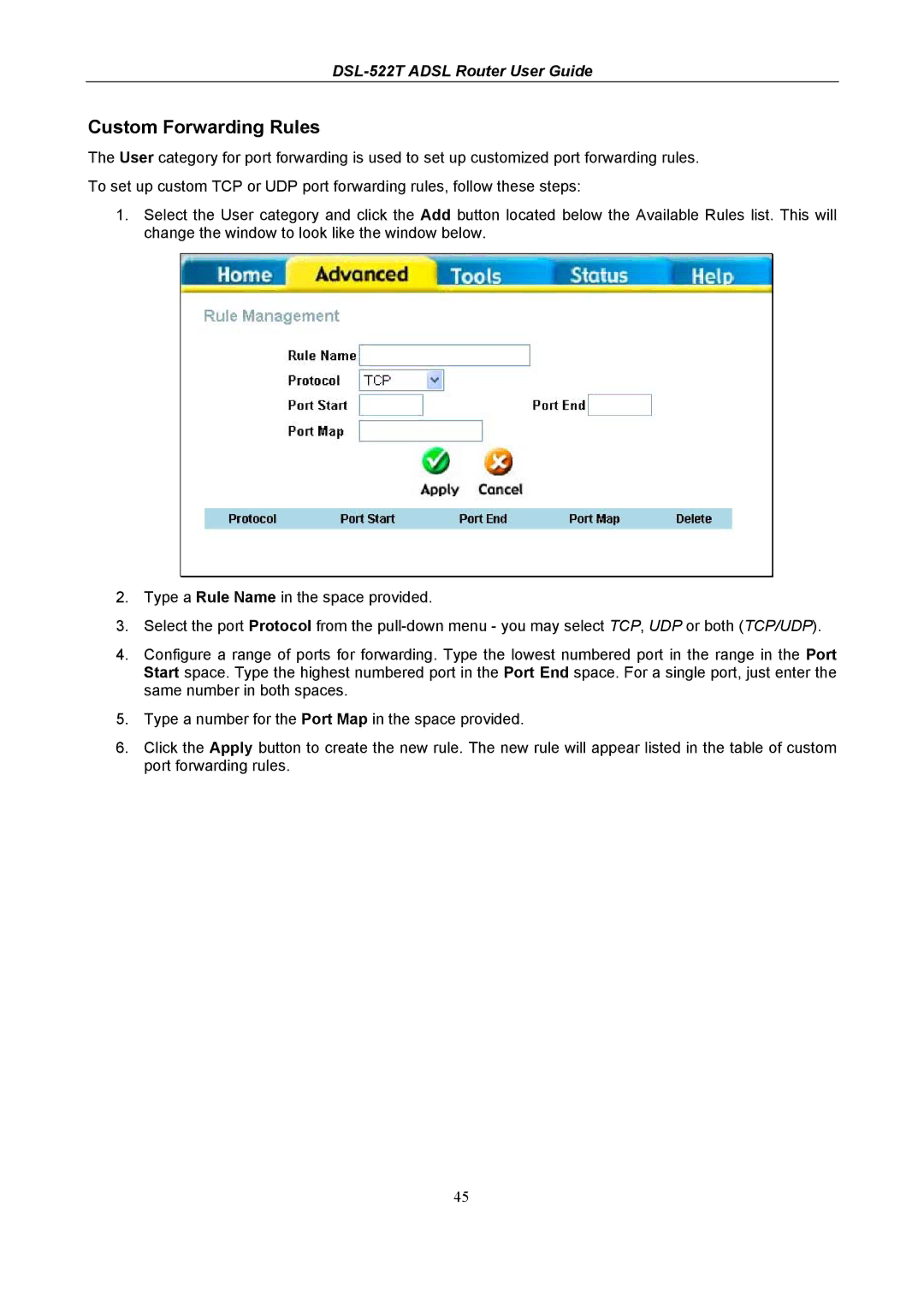 D-Link DSL-522T manual Custom Forwarding Rules 