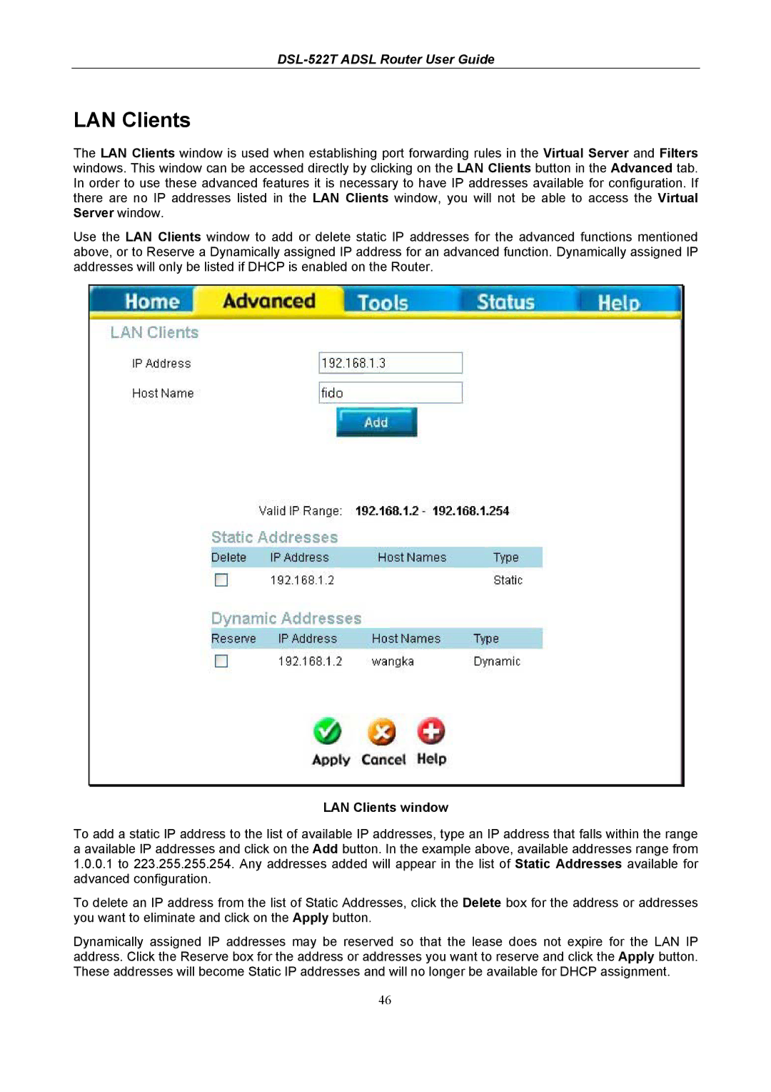 D-Link DSL-522T manual LAN Clients window 