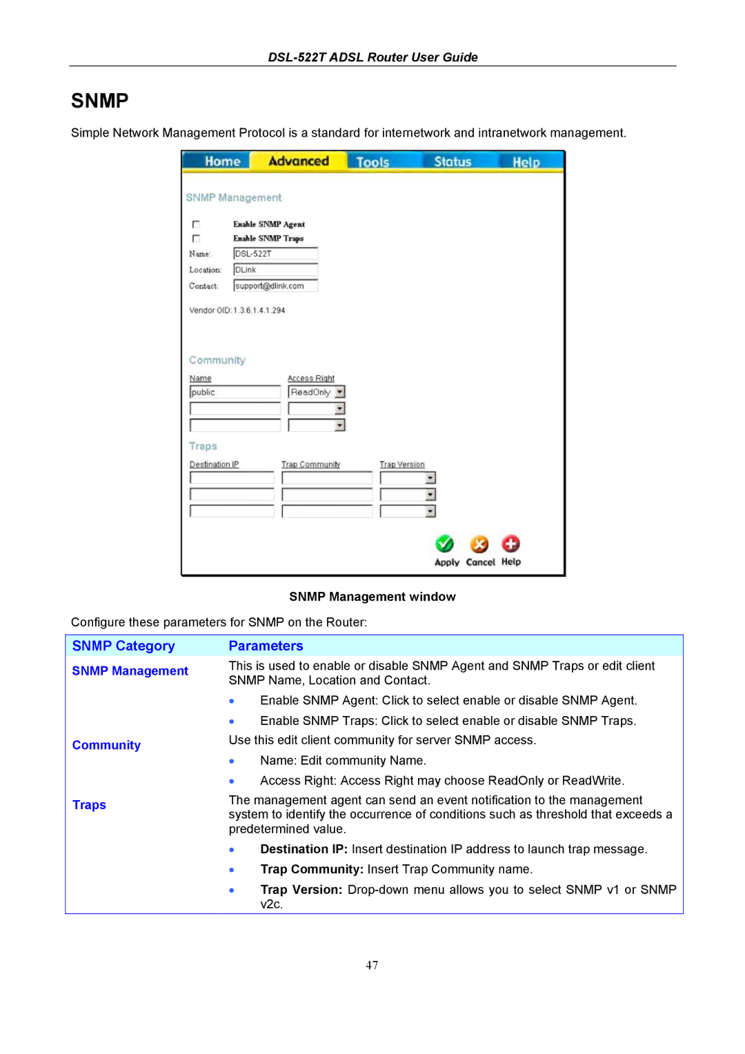 D-Link DSL-522T manual Snmp Category Parameters, Snmp Management window, Community, Traps 