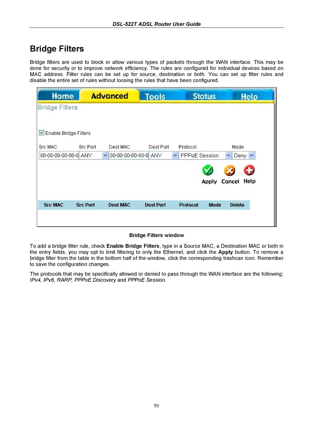 D-Link DSL-522T manual Bridge Filters window 