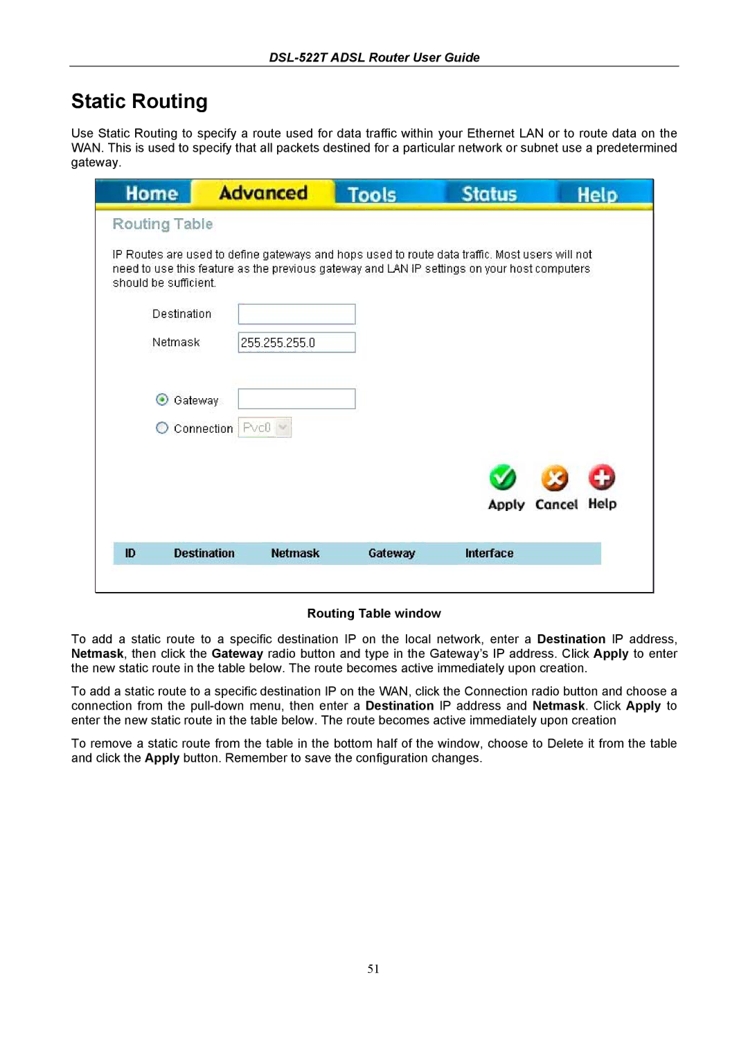 D-Link DSL-522T manual Static Routing, Routing Table window 