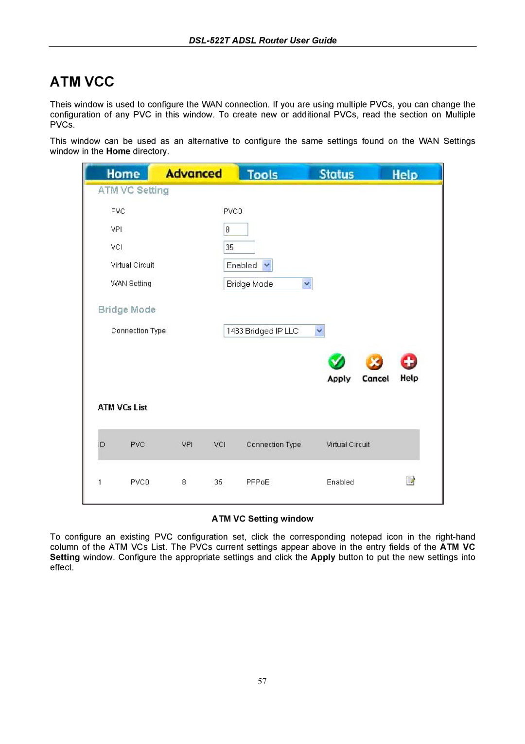 D-Link DSL-522T manual Atm Vcc, ATM VC Setting window 